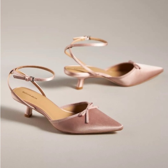 Reformation Wade Kitten Heel Sandals Slingback Bow Silk Pink 8.5 - Picture 3 of 16